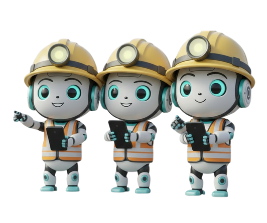 Mascotte robot Orgalia avec casque de chantier pour le pointage horaire des ouvriers