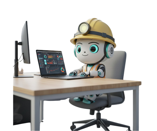 Robot Orgalia avec casque de chantier symbolisant le suivi d'avancement des travaux.